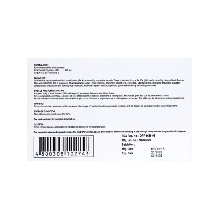 TRIOCEF Cefixime 400mg Orodispersible 1 Tablet [PRESCRIPTION REQUIRED]