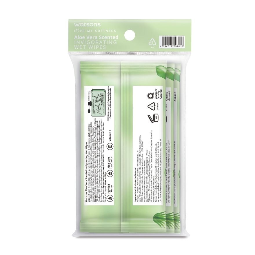 WATSONS Invigorating Wet Wipes Aloe Vera Scented 10 Wipes x 3 Pack