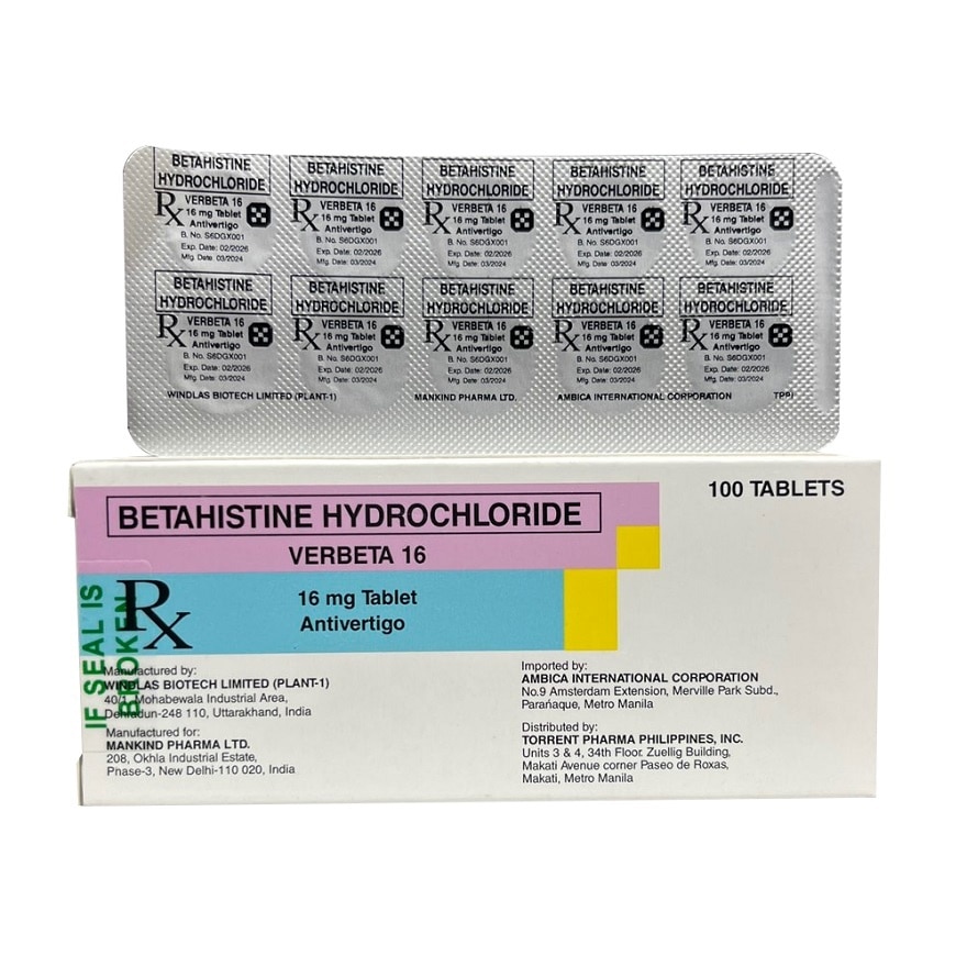 VERBETA 16 Betahistine + Hydrochloride 16mg Tablet Sold Per Piece [PRESCRIPTION REQUIRED]