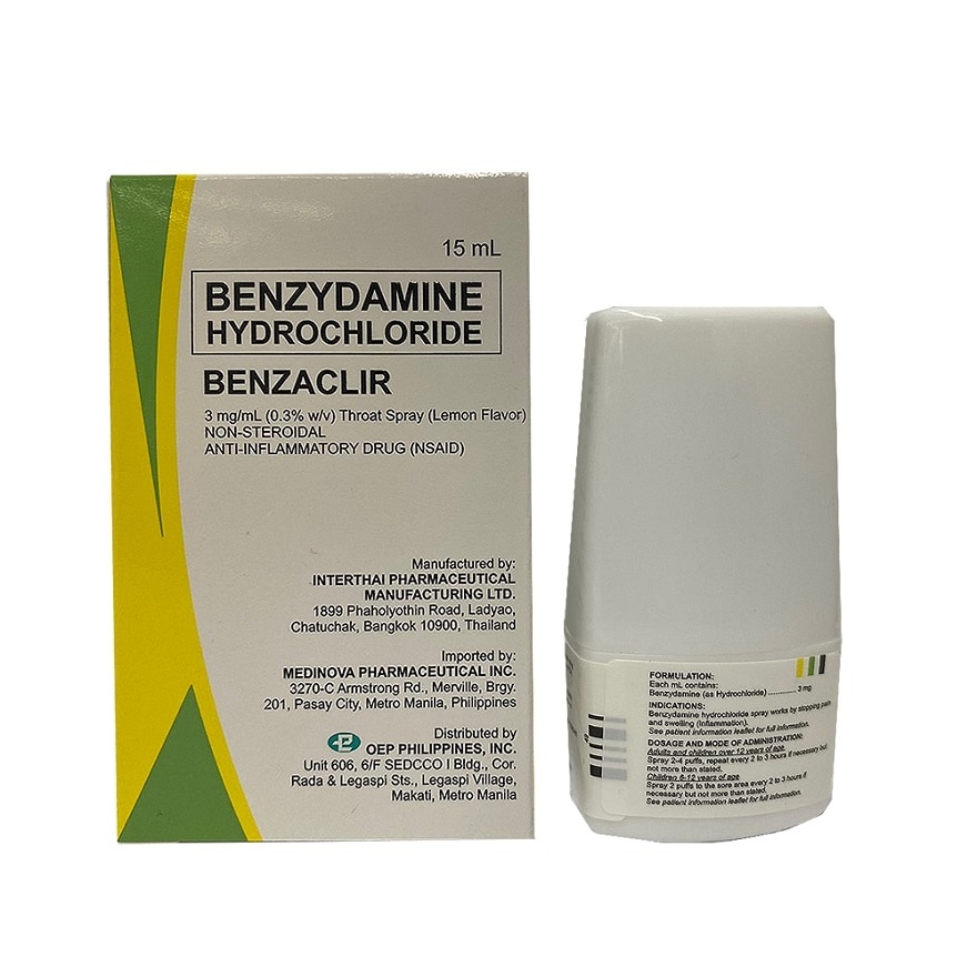 BENZACLIR Benzydamine Hydrochloride 3 mg/mL (0.3% w/v) Throat Spray Lemon Flavor Non-Steroidal Anti-Inflammatory Drug