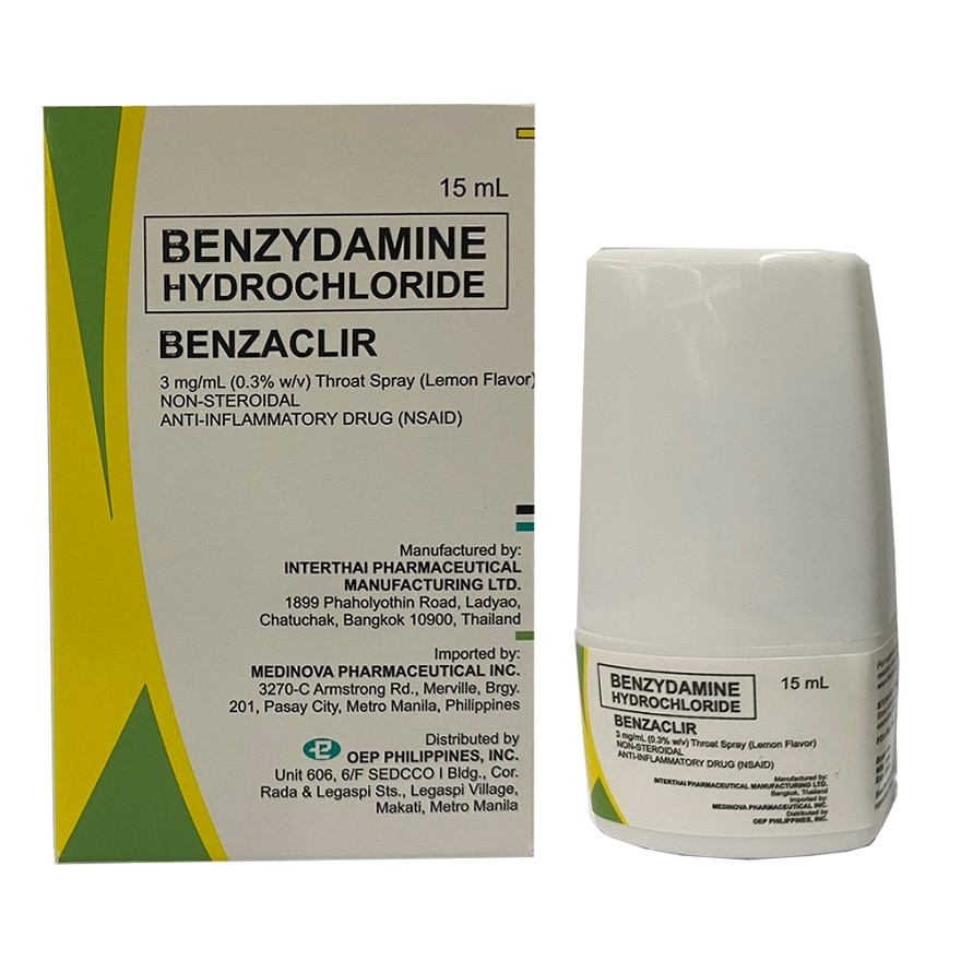 BENZACLIR Benzydamine Hydrochloride 3 mg/mL (0.3% w/v) Throat Spray Lemon Flavor Non-Steroidal Anti-Inflammatory Drug