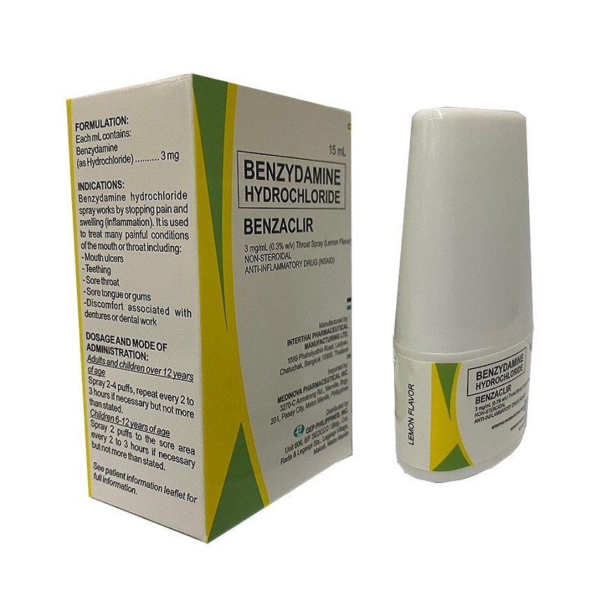 BENZACLIR Benzydamine Hydrochloride 3 mg/mL (0.3% w/v) Throat Spray Lemon Flavor Non-Steroidal Anti-Inflammatory Drug