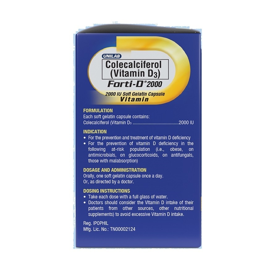 FORTI D 2000IU Colecalciferol Vitamin D3 Softgel Caps 100s