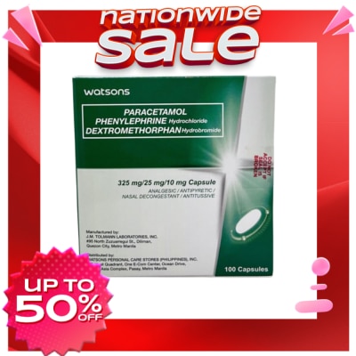WATSONS GENERICS WATSONS Paracetamol + Phenylephrine Hydrochloride + Dextromethorphan Hydrobromide 325mg/25mg/10mg 1 Capsule