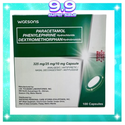 WATSONS GENERICS WATSONS GENERICS WATSONS Paracetamol + Phenylephrine Hydrochloride + Dextromethorphan Hydrobromide 325mg/25mg/10mg Sold Per Piece