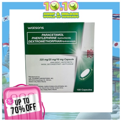WATSONS GENERICS WATSONS GENERICS WATSONS Paracetamol + Phenylephrine Hydrochloride + Dextromethorphan Hydrobromide 325mg/25mg/10mg Sold Per Piece