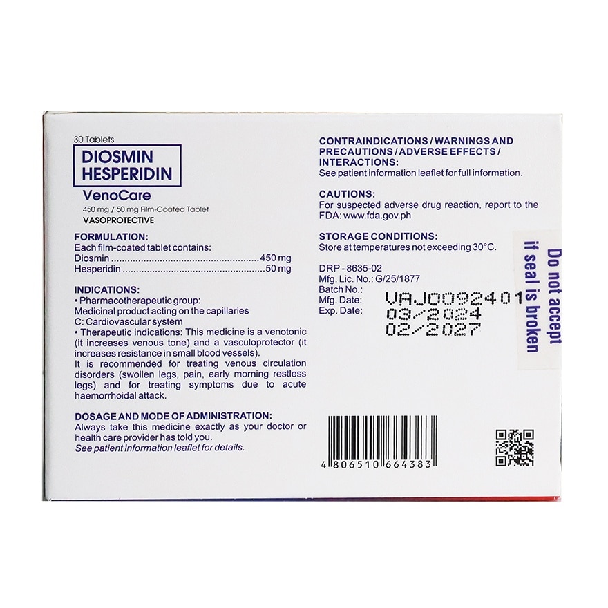 VENOCARE Diosmin Hesperidin 450mg/50ml Film-Coated Tablet [PRESCRIPTION REQUIRED]