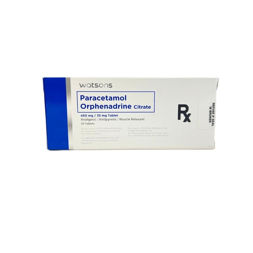 WATSONS GENERICS Paracetamol + Orphenadrine Citrate 450mg/35mg 1Tablet (sold per piece) [PRESCRIPTION REQUIRED]