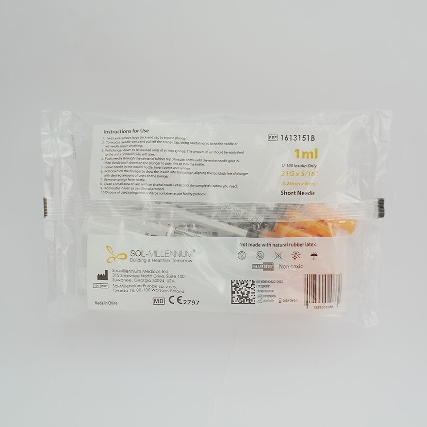 SOL M Insulin Syringe with Fixed Needle U-100 Insulin Only 1ml (31G x 5/16") 0.25mm*8mm