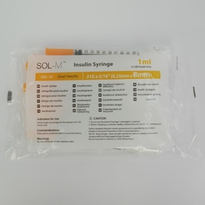 SOL M SOL M Insulin Syringe with Fixed Needle U-100 Insulin Only 1ml (31G x 5/16") 0.25mm*8mm
