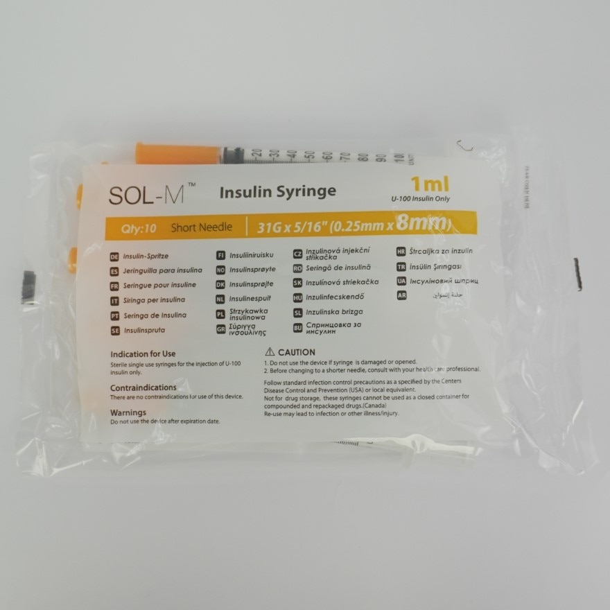 SOL M Insulin Syringe with Fixed Needle U-100 Insulin Only 1ml (31G x 5/16") 0.25mm*8mm