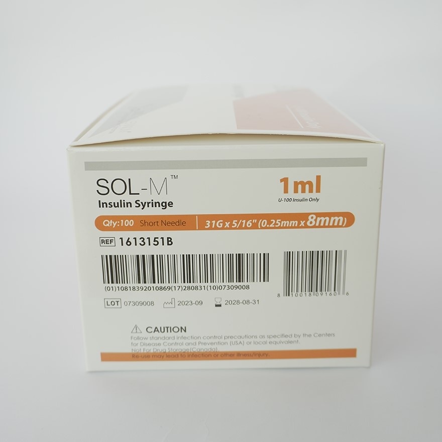 SOL M Insulin Syringe with Fixed Needle U-100 Insulin Only 1ml (31G x 5/16") 0.25mm*8mm