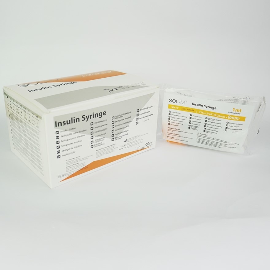SOL M Insulin Syringe with Fixed Needle U-100 Insulin Only 1ml (31G x 5/16") 0.25mm*8mm