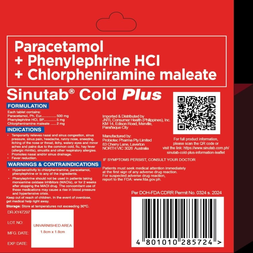 SINUTAB Cold Plus 10 Tablets- Paracetamol for fever, Colds