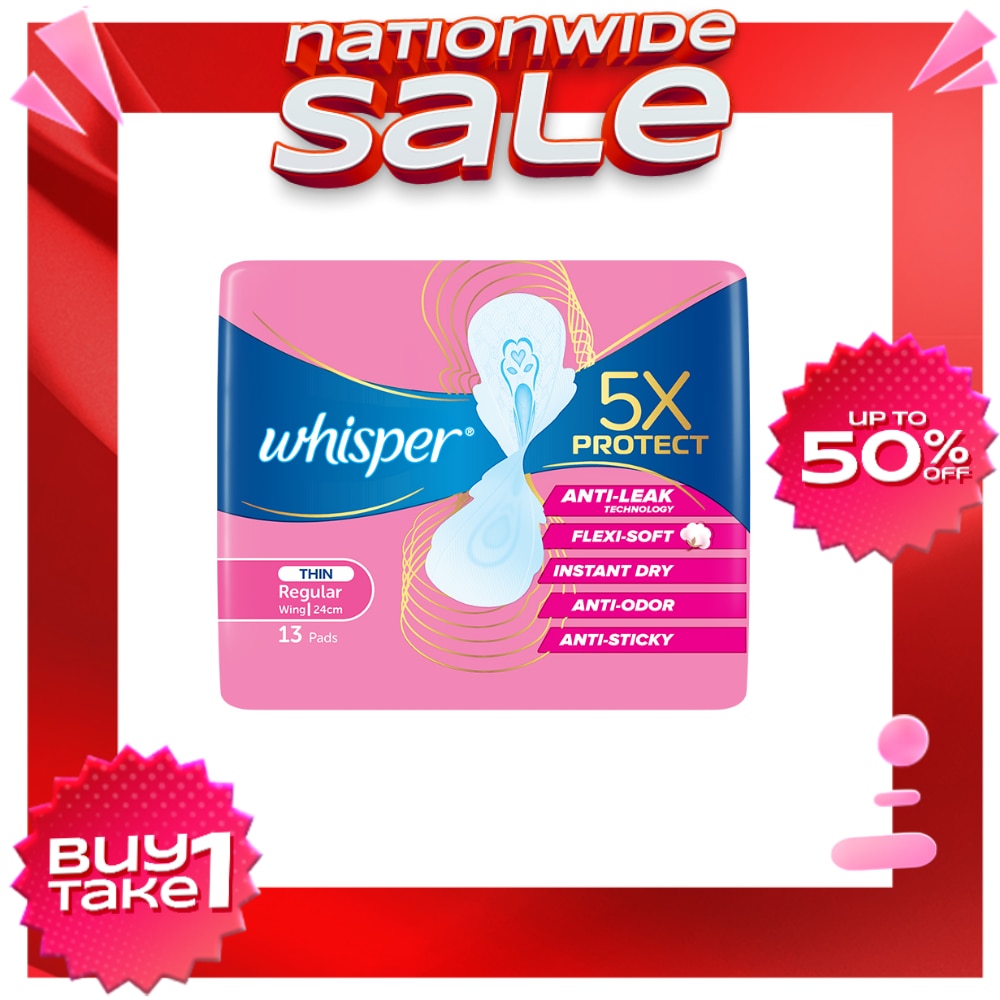 WHISPER 5x Protect Thin Regular Wing Sanitary Pads 24cm 13 pads