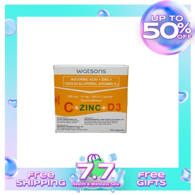 WATSONS GENERICS WATSONS GENERICS Ascorbic Acid + Zinc + Vitamin D3 500mg/10mg/1000 IU Capsule (Sold Per Piece)