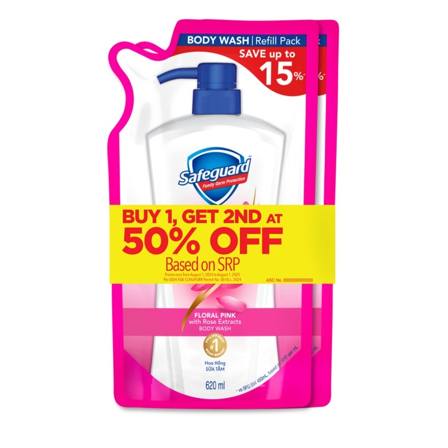 SAFEGUARD Body Wash Floral Pink Refill Pack 620ml Buy 1 Get 2nd at 50% Off