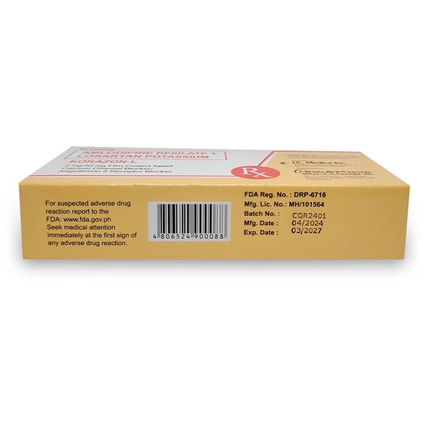 KORAZON L Amlodipine Besilate + Losartan Potassium 5mg/50mg Film-Coated Tablet 30s [PRESCRIPTION REQUIRED]