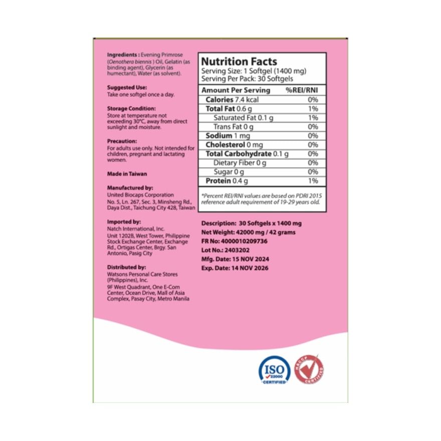 WATSONS GENERICS Evening Primrose Oil Softgel Capsules 1400mg 30s Pack