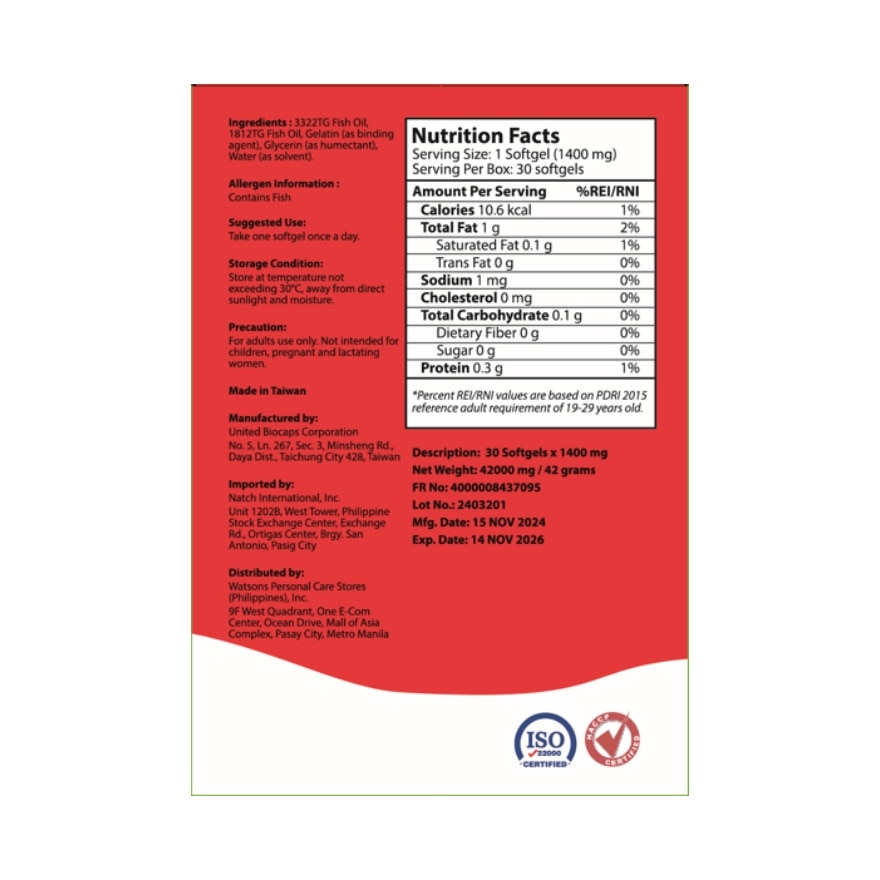 WATSONS GENERICS Omega-3 Oil Softgel Capsule 1400mg 30s Pack