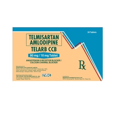 TELARB TELMISARTAN + AMLODIPINE Tablet Angiotensin II Receptor Blocker/Calcium Channel Blocker 80 mg/10 mg Sold Per Piece [PRESCRIPTION REQUIRED]