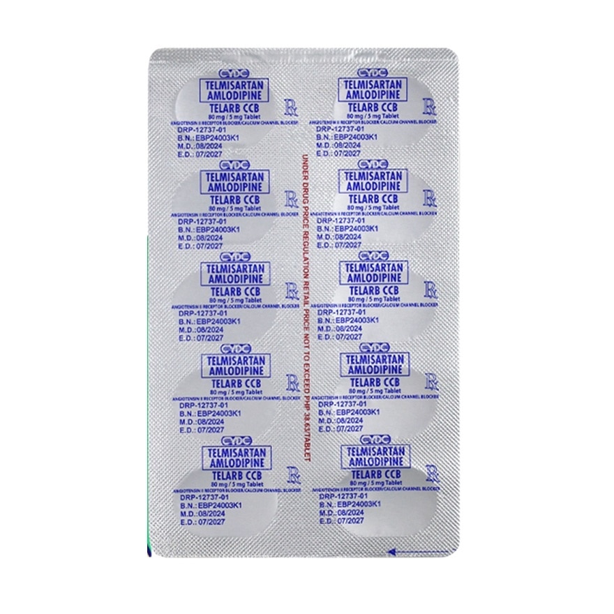 TELMISARTAN + AMLODIPINE Tablet Angiotensin II Receptor Blocker/Calcium Channel Blocker 80 mg/5 mg Sold Per Piece [PRESCRIPTION REQUIRED]