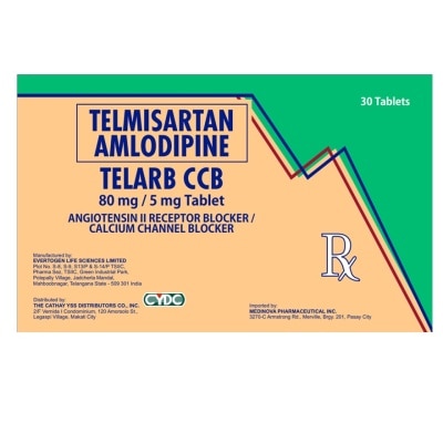 TELARB TELMISARTAN + AMLODIPINE Tablet Angiotensin II Receptor Blocker/Calcium Channel Blocker 80 mg/5 mg Sold Per Piece [PRESCRIPTION REQUIRED]
