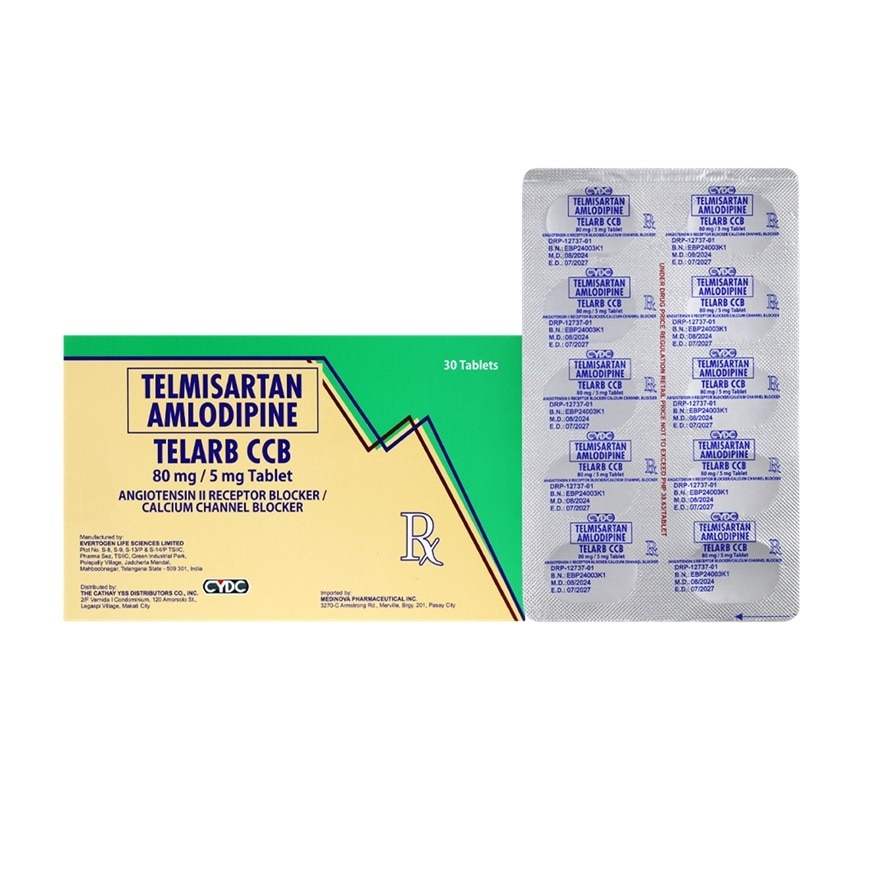 TELMISARTAN + AMLODIPINE Tablet Angiotensin II Receptor Blocker/Calcium Channel Blocker 80 mg/5 mg Sold Per Piece [PRESCRIPTION REQUIRED]