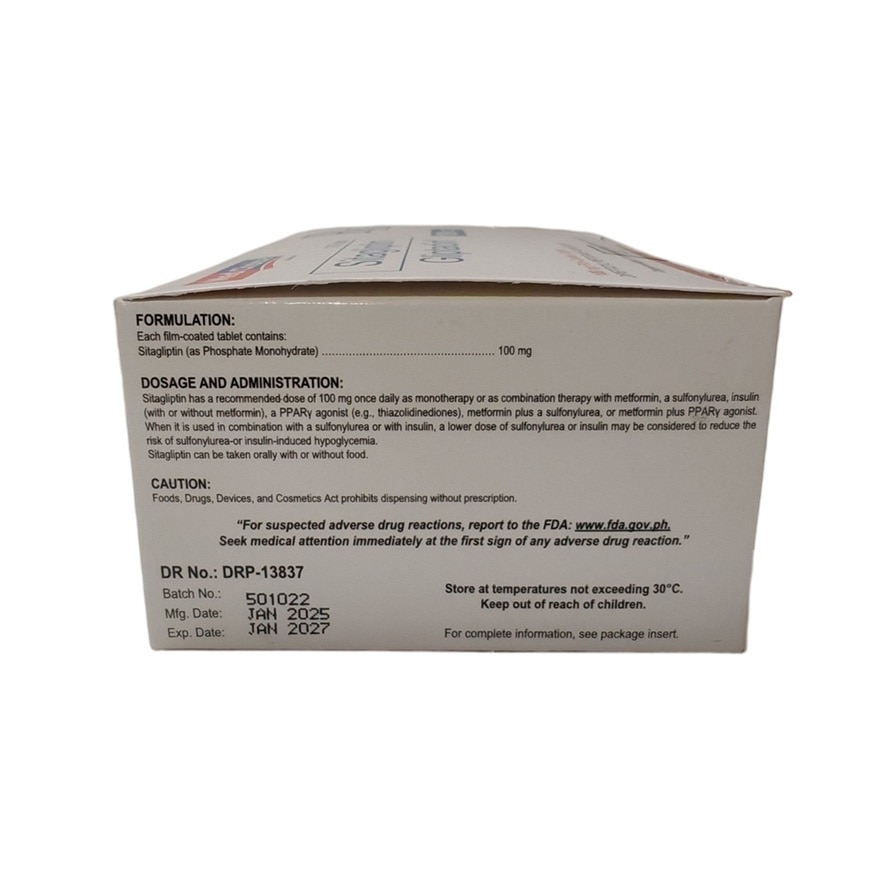 GLIPTADIN SITAGLIPTIN Dipeptidyl Peptidase 4 Inhibitor Film Coated Tablet 100mg Sold Per Piece [PRESCRIPTION REQUIRED]