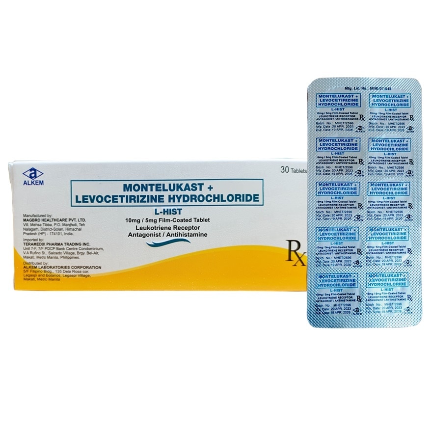  L-HIST Montelukast + Levocetirizine Hydrochlorine Film Coated Tablet 10mg/5mg Sold Per Piece [PRESCRIPTION REQUIRED]