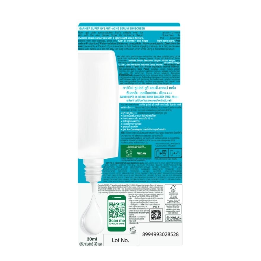 GARNIER Super UV Anti-Acne Serum Sunscreen SPF50 + PA ++++ 30ml
