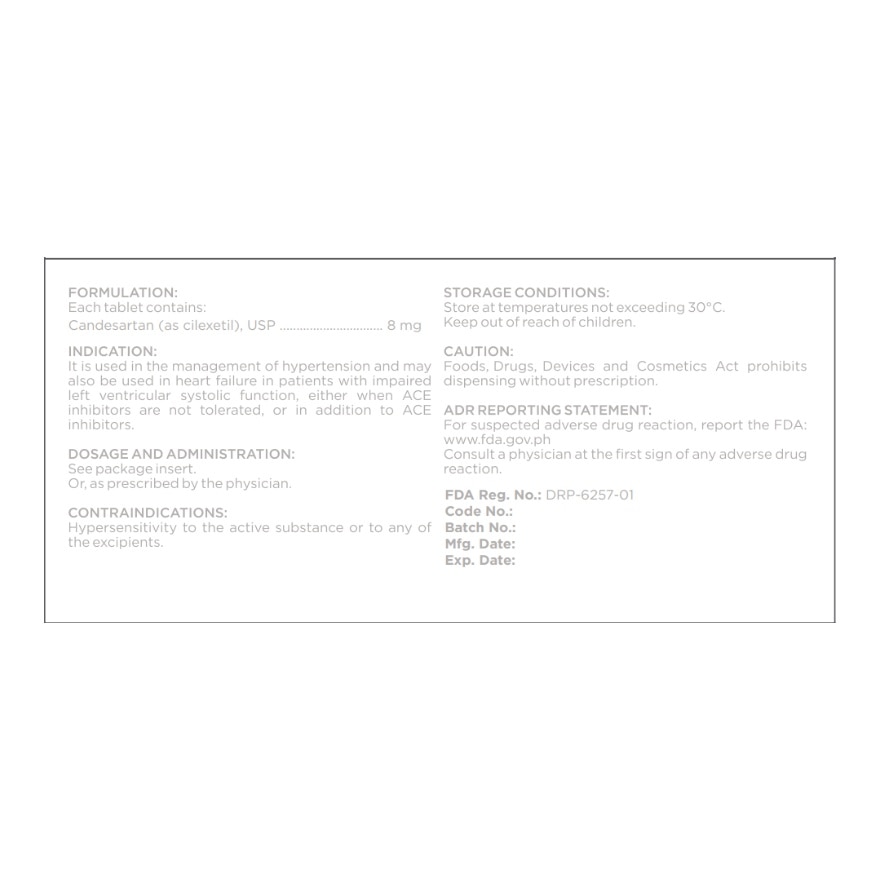 WATSONS GENERICS Candesartan 8mg Sold Per Piece [PRESCRIPTION REQUIRED]