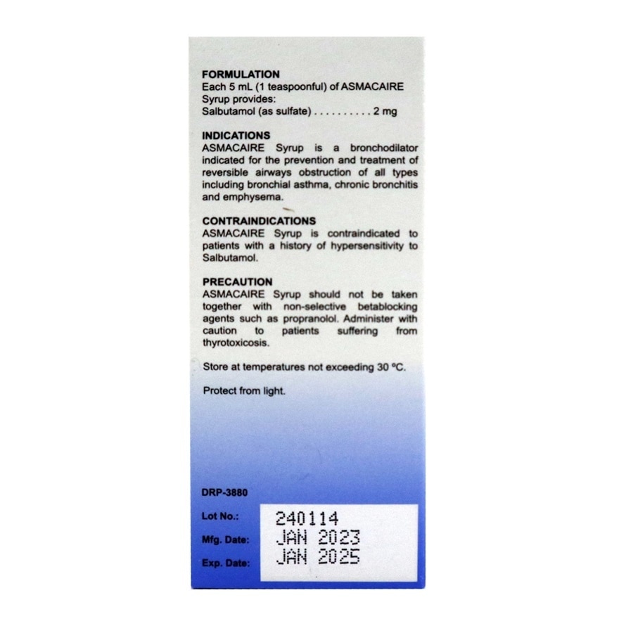 ASMACAIRE Salbutamol Sulfate 2mg/5mL Syrup Antiasthma [PRESCRIPTION REQUIRED]