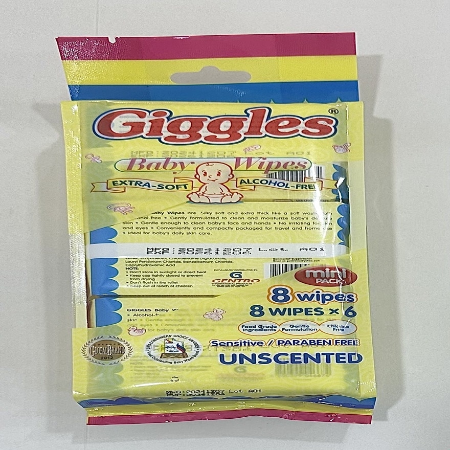 GIGGLES Baby Wipes Unscented Mini Pack 8 Wipes
