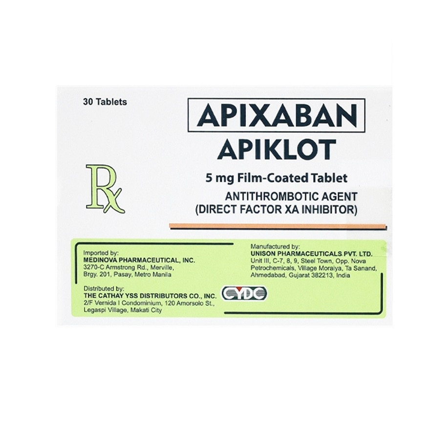 APIKLOT Apixaban Antithrombotic Agent Film Coated Tablet 5mg Direct Factor XA Inhibitor Sold Per Piece [PRESCRIPTION REQUIRED]