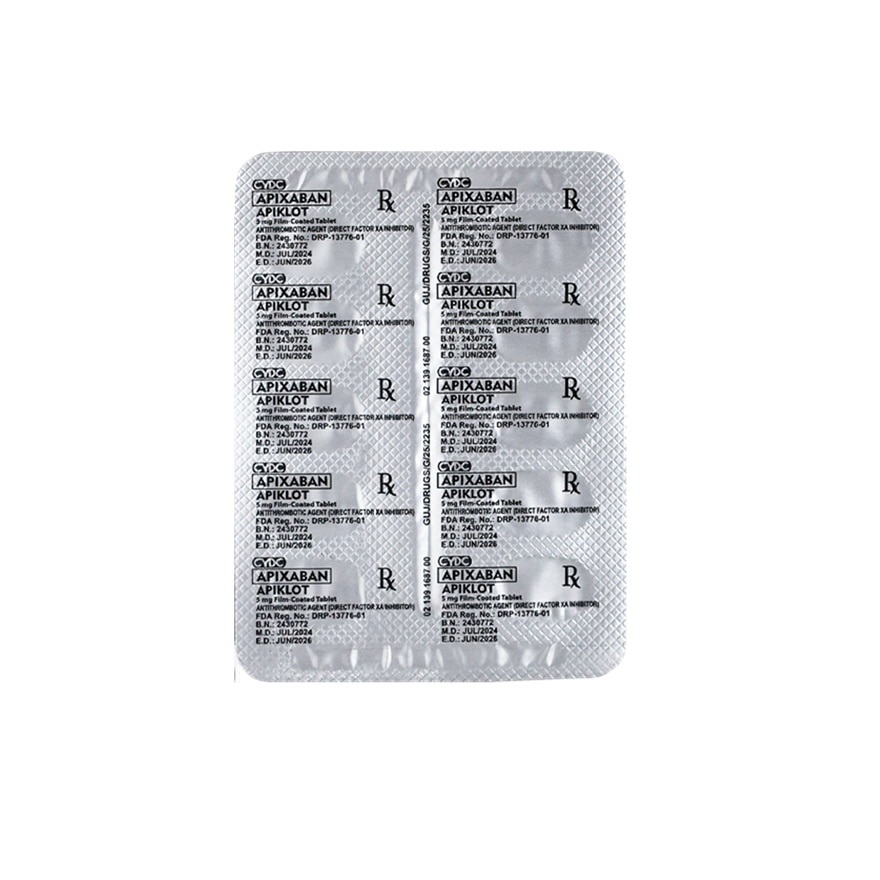 APIKLOT Apixaban Antithrombotic Agent Film Coated Tablet 5mg Direct Factor XA Inhibitor Sold Per Piece [PRESCRIPTION REQUIRED]