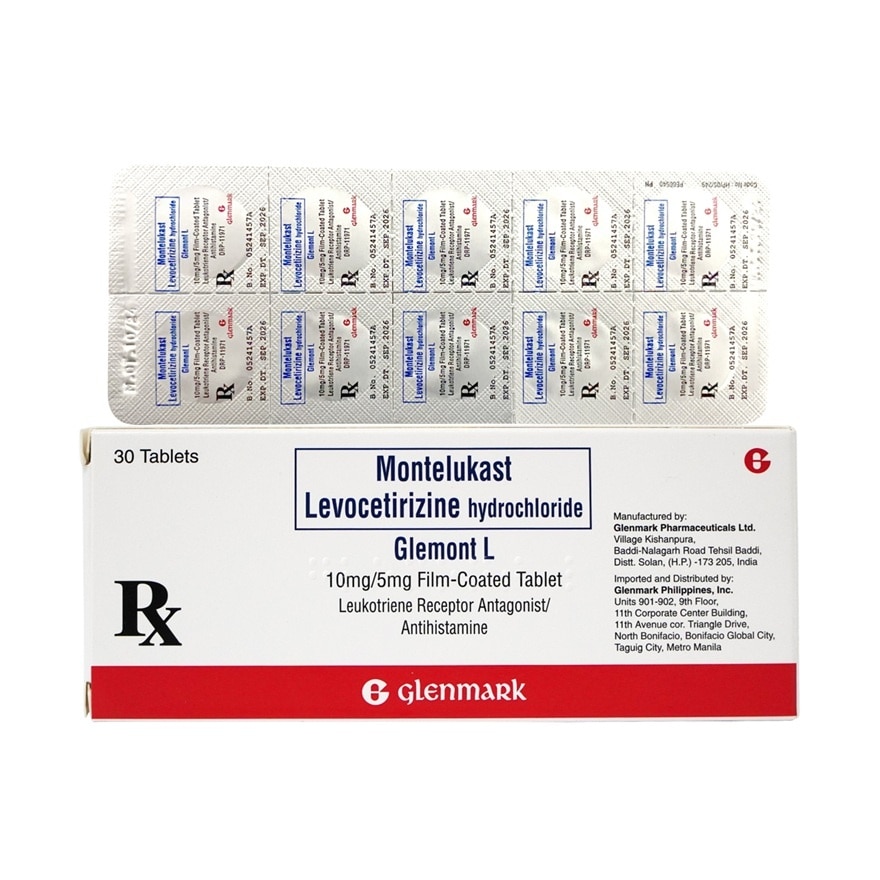 GLEMONT L Montelukast Levocetirizine Hydrochloride Film Coated Table 100mg/5mg Sold Per Piece [PRESCRIPTION REQUIRED]