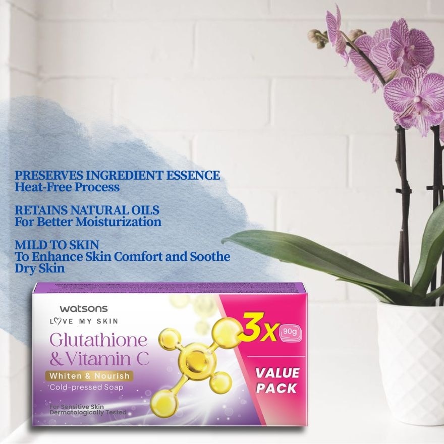 WATSONS Glutathione & Vitamin C Whiten and Nourish Cold-Pressed Soap 90g x 3 Value Pack