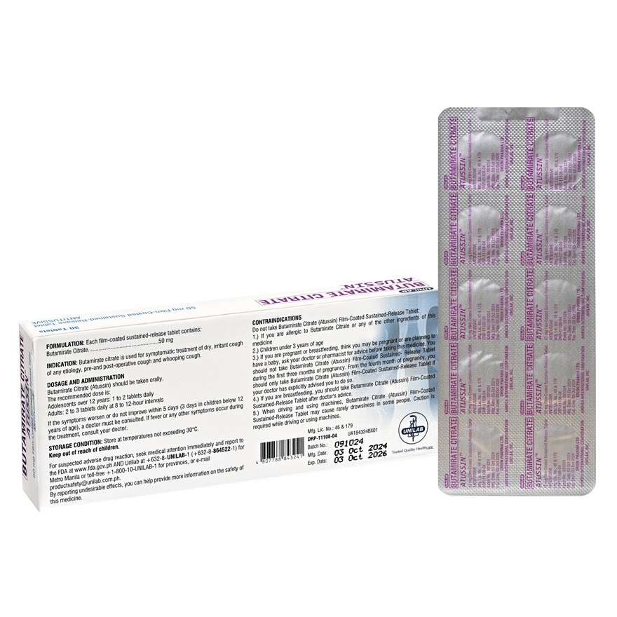 ATUSSIN Butamirate Citrate Film Coated Tablet 50mg Sold Per Piece