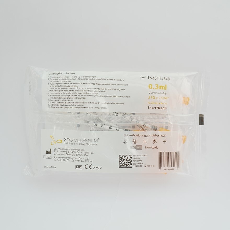 SOL-M Insulin Syringe with Fixed Needle U-100 Insulin Only 0.3mL (31G x 15/64") *6mm