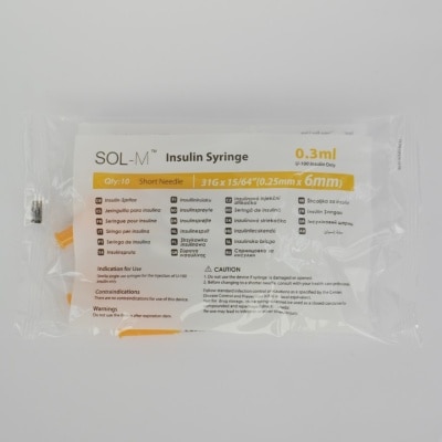 SOL M SOL-M Insulin Syringe with Fixed Needle U-100 Insulin Only 0.3mL (31G x 15/64") *6mm