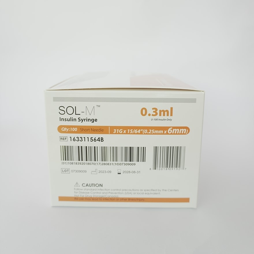 SOL-M Insulin Syringe with Fixed Needle U-100 Insulin Only 0.3mL (31G x 15/64") *6mm