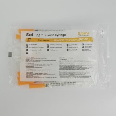 SOL M SOL-M Insulin Syringe with Fixed Needle U-100 Insulin Only 0.5mL (31G x 5/16") *8mm