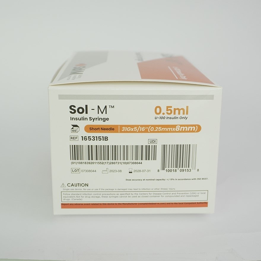 SOL-M Insulin Syringe with Fixed Needle U-100 Insulin Only 0.5mL (31G x 5/16") *8mm