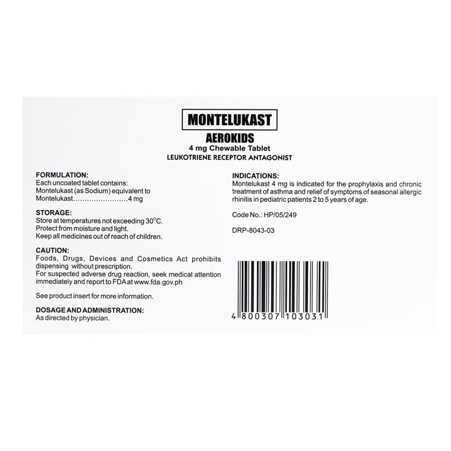 AEROKIDS Montelukast Chewable Tablet Leukotriene Receptor Antagonist 4mg Sold Per Piece [PRESCRIPTION REQUIRED]