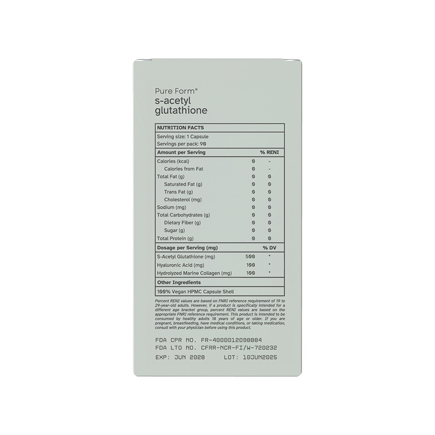 PURE FORM S-Acetyl Glutathione with Hyaluronic Acid and Collagen Capsule