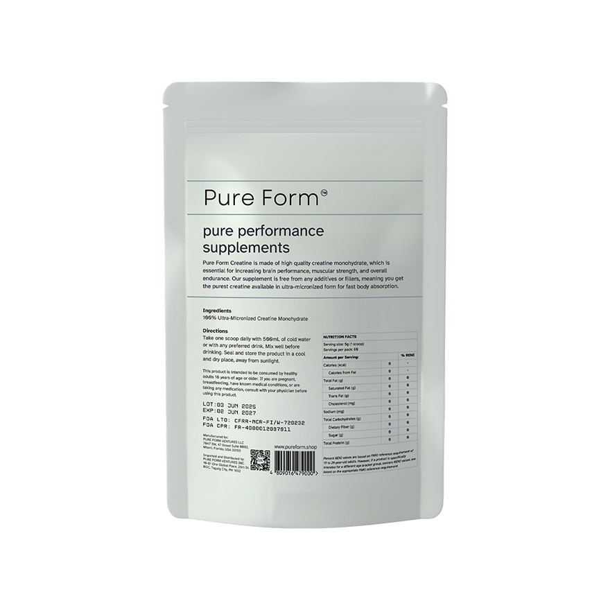 PURE FORM Ultra-Micronized Creatine Monohydrate Unflavored Powder 150g