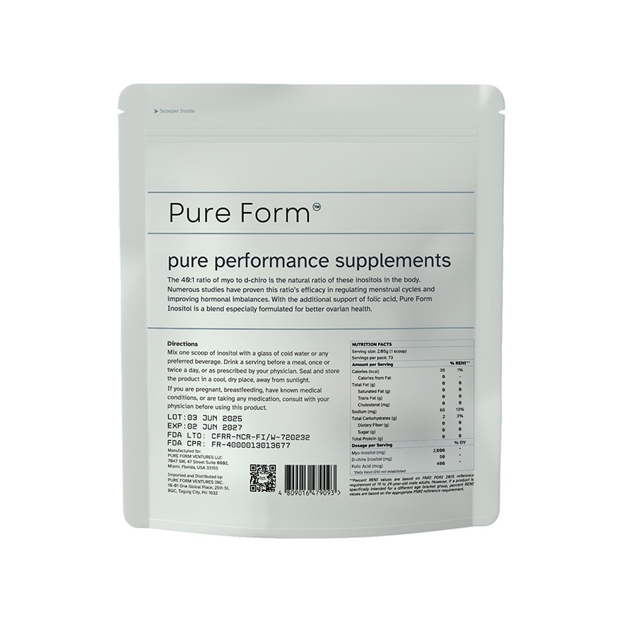 PURE FORM Inositol 40:1 Myo and D-chiro Folic Acid Naturally Mildly Sweet Powder 150g