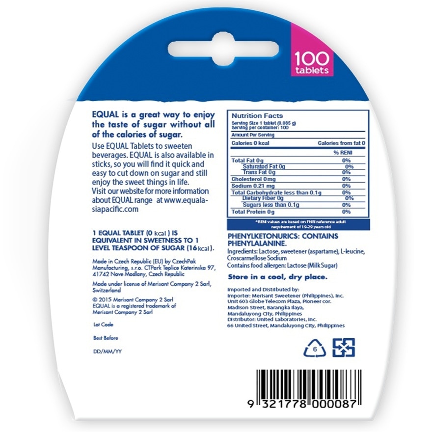 EQUAL Classic Zero Calorie Sweetener 100 Tablets x 8.5g