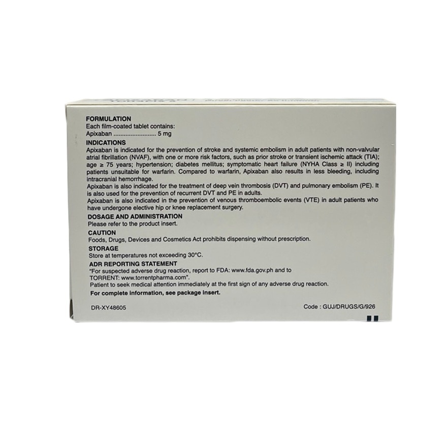 TORAPIX 5 Apixaban 5mg Film Coated Tablet Sold Per Piece [PRESCRIPTION REQUIRED]